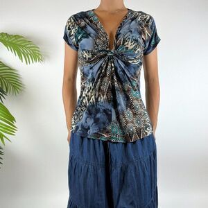 Vintage Y2K Blue Fairycore Floral Beachy Bohemian Patchwork Top / Size: Medium